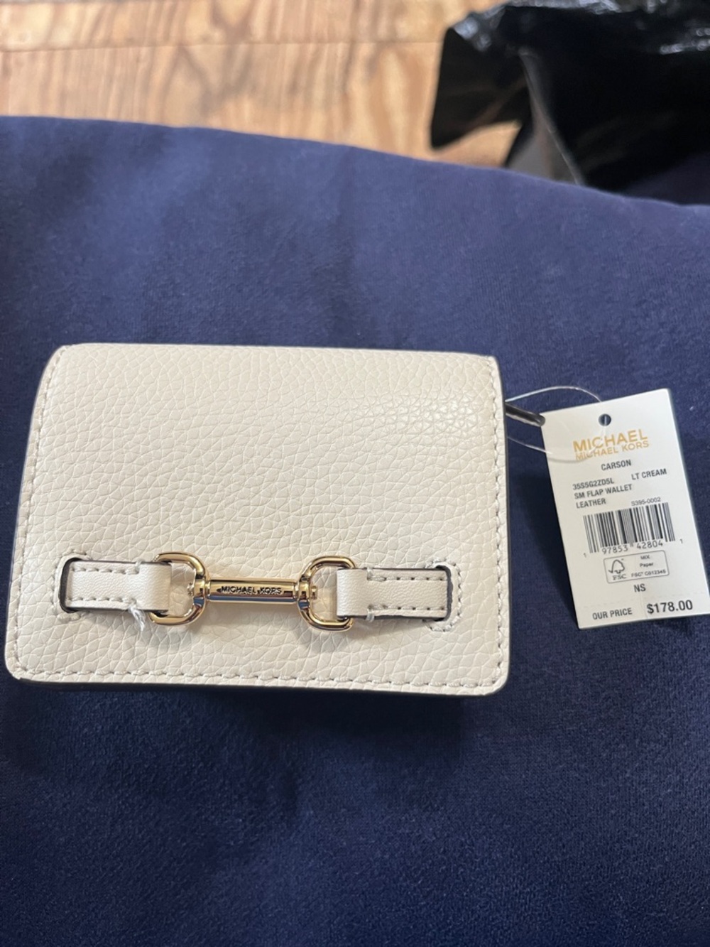 Michael Kors Cream Pebbled Leather Card Wallet with Gold Horsebit